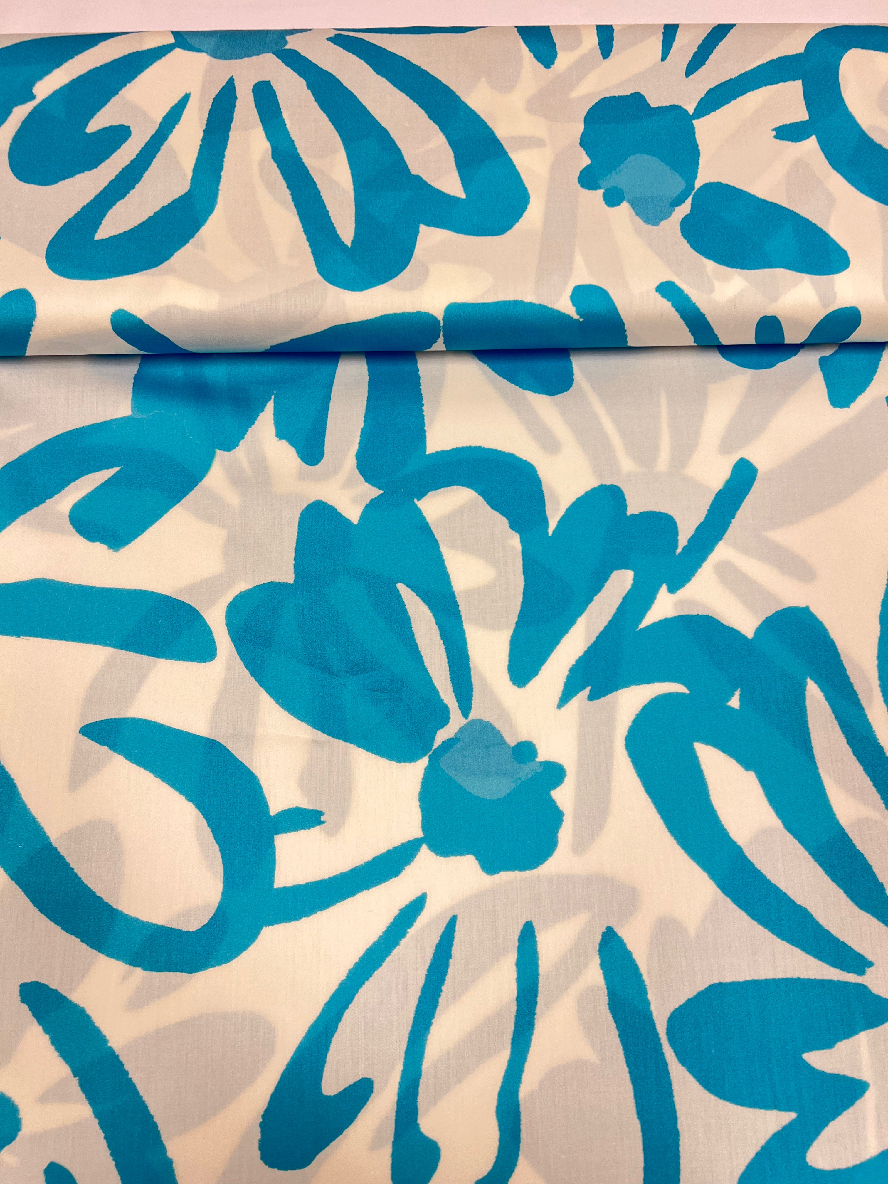 Blauwe Bloemenzee - Katoen (satijn)